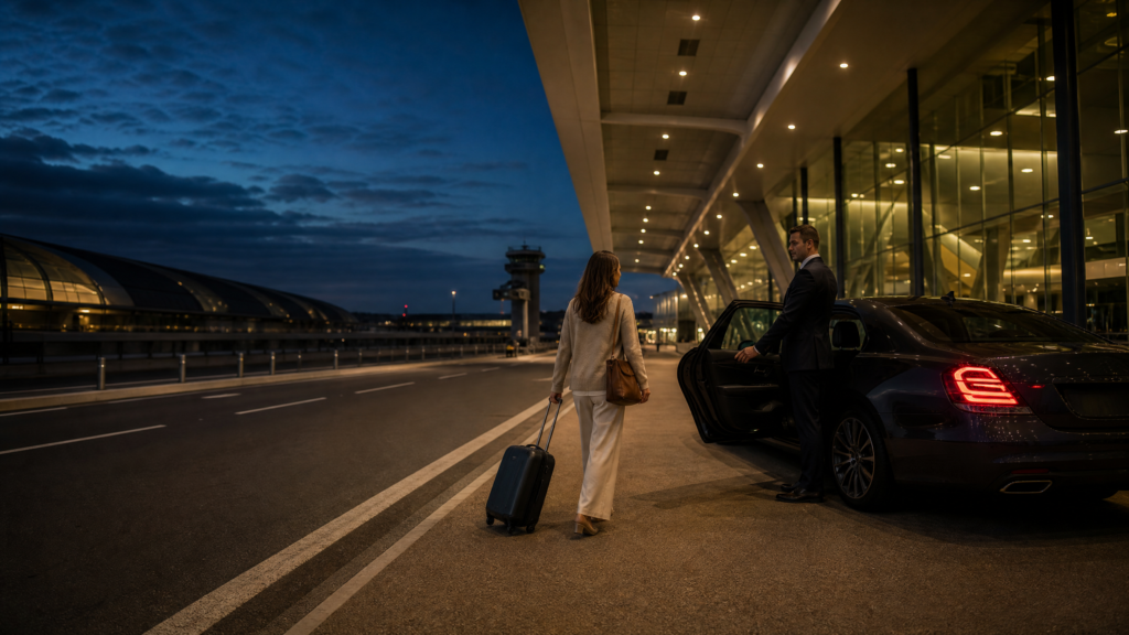 Driver waiting beside a dark sedan at a Sydney airport terminal.