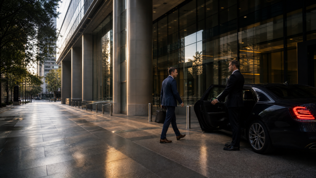 Business traveller meeting a driver beside a dark sedan outside a Sydney office.
