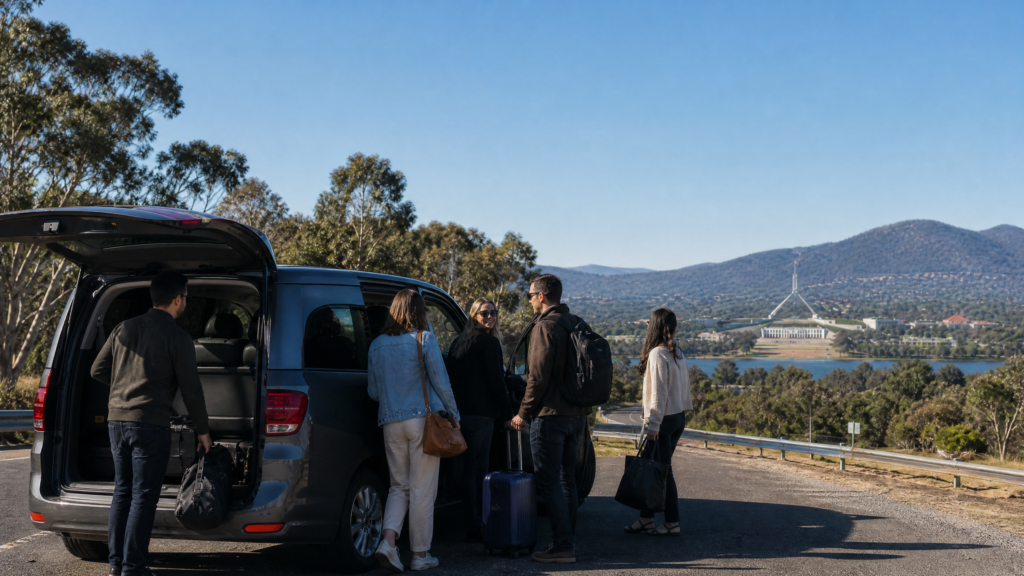 Group travel arriving in Canberra with practical luggage.